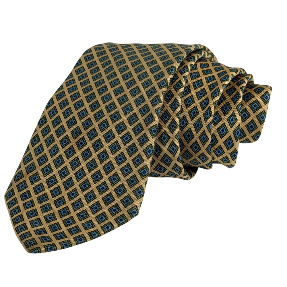Brooks Brothers Necktie Mens XL Gold Blue Green Geometric Diamond Silk Foulard